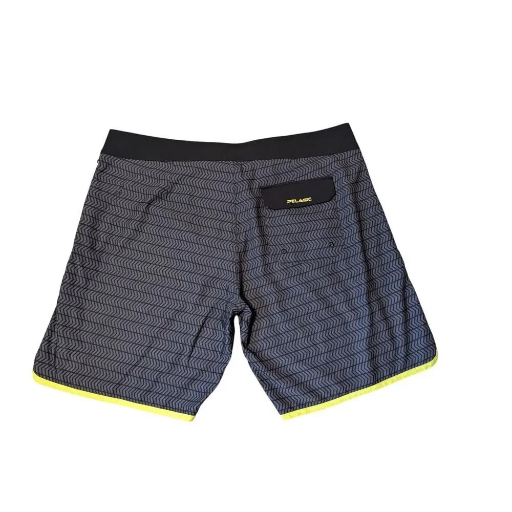 PELAGIC Ridgemont Mens 40;  Swim/board shorts, black/gray; Fishing, yellow trim